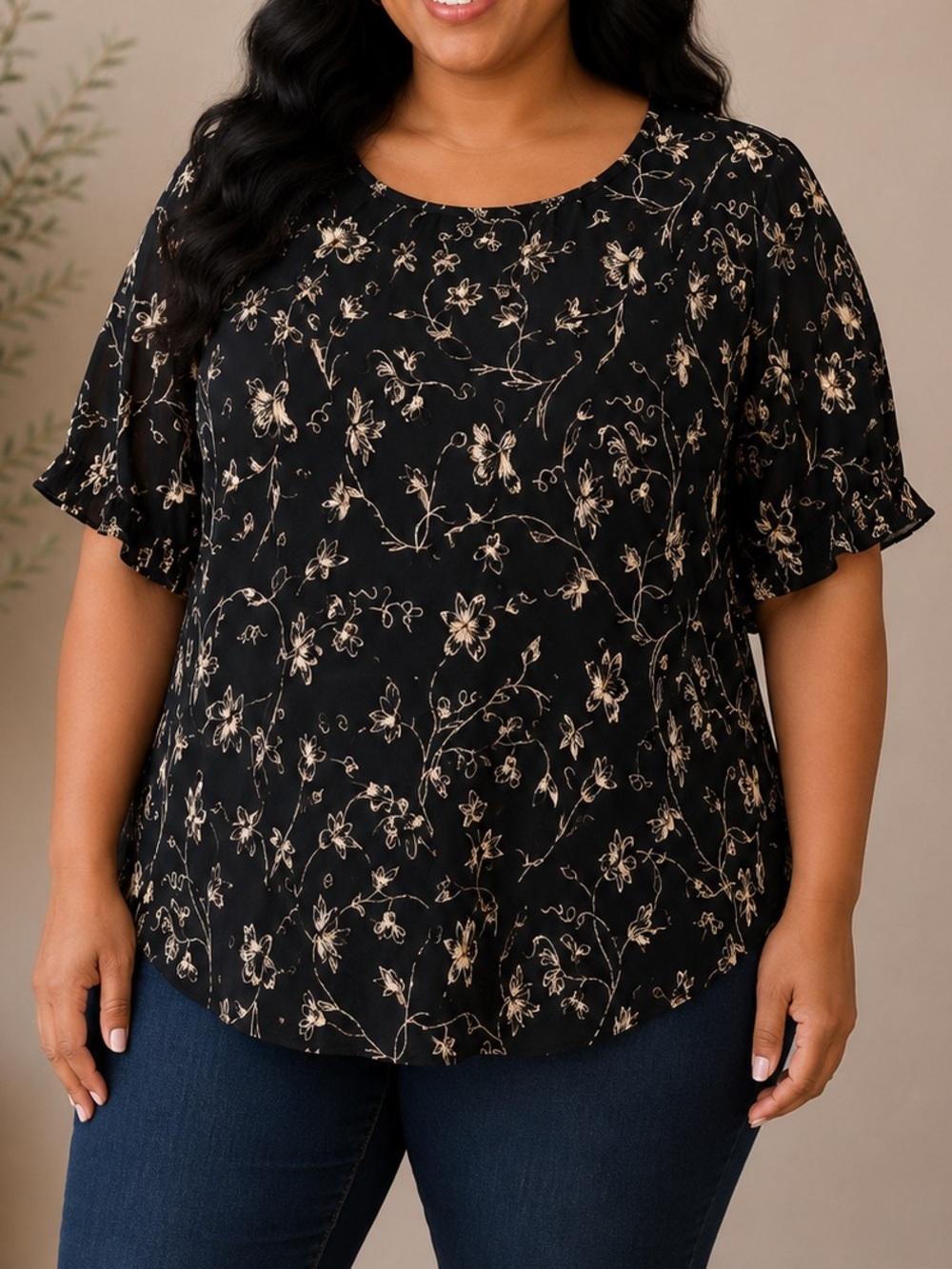 KATUS Women's Black Floral Short Sleeve Blouse 1X